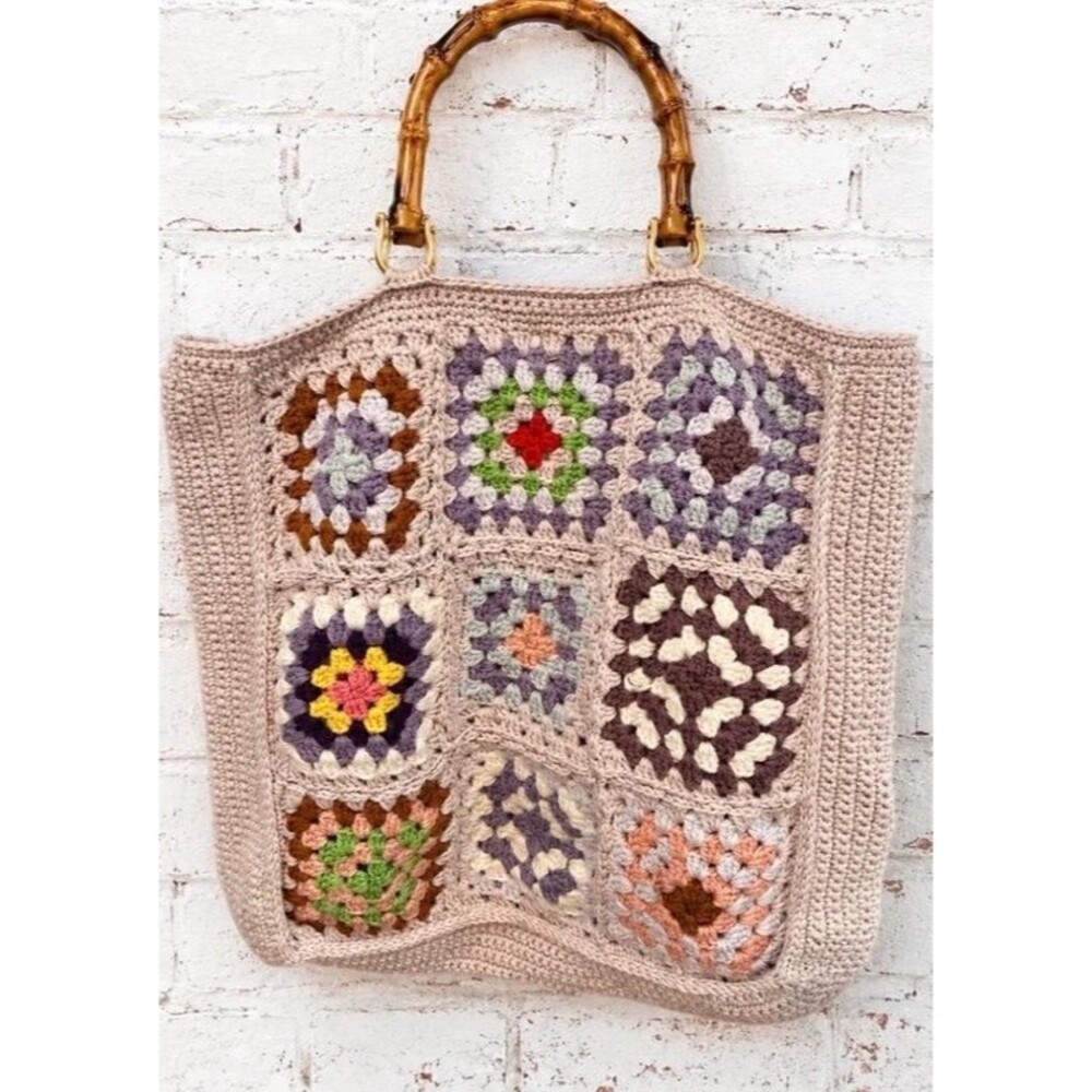 Handmade Crochet Granny Square Tote Bag | Bamboo Handles | Lined purse